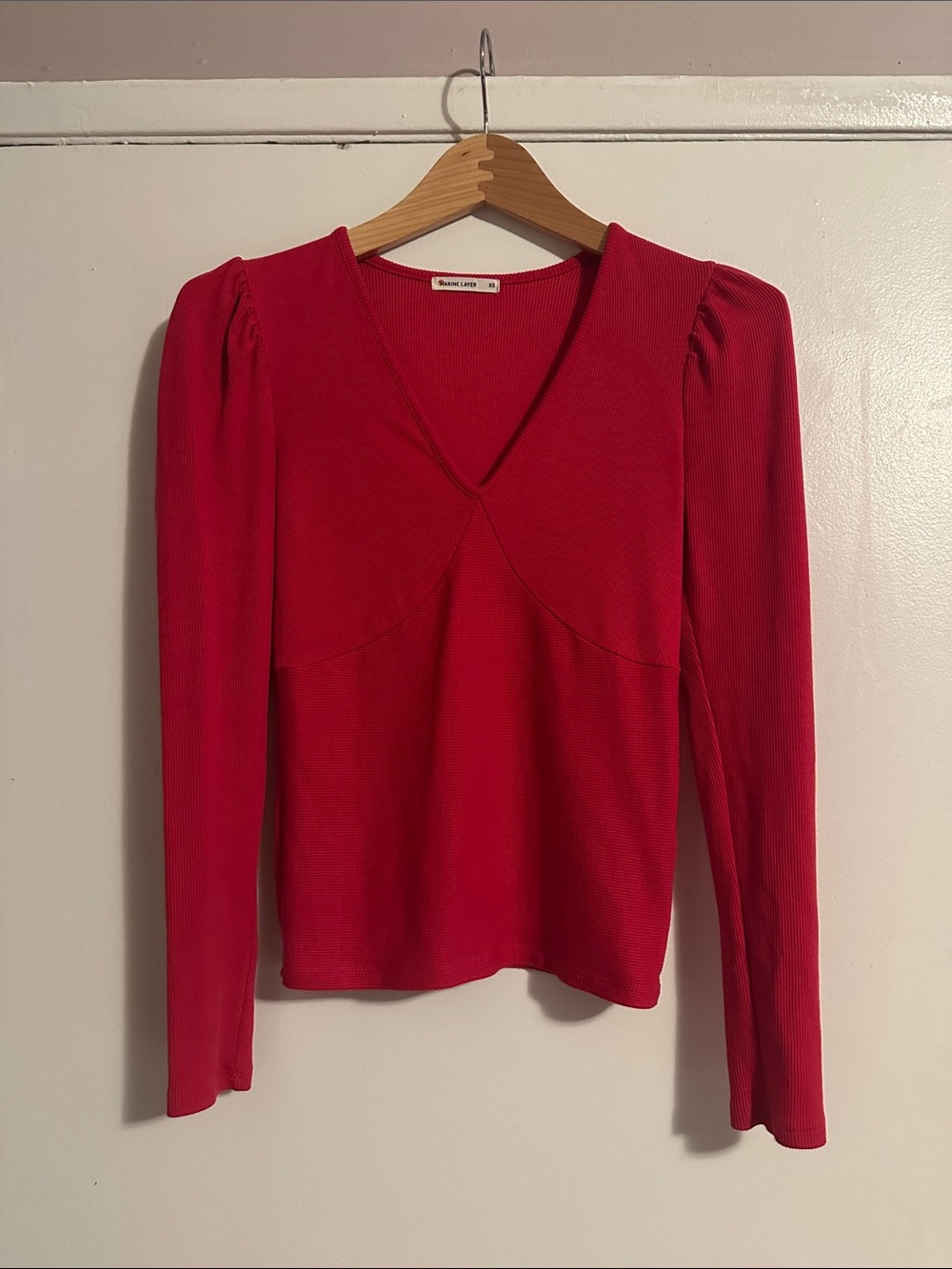 Marine Layer Red V-Neck Long Sleeve with Puff Shoulders